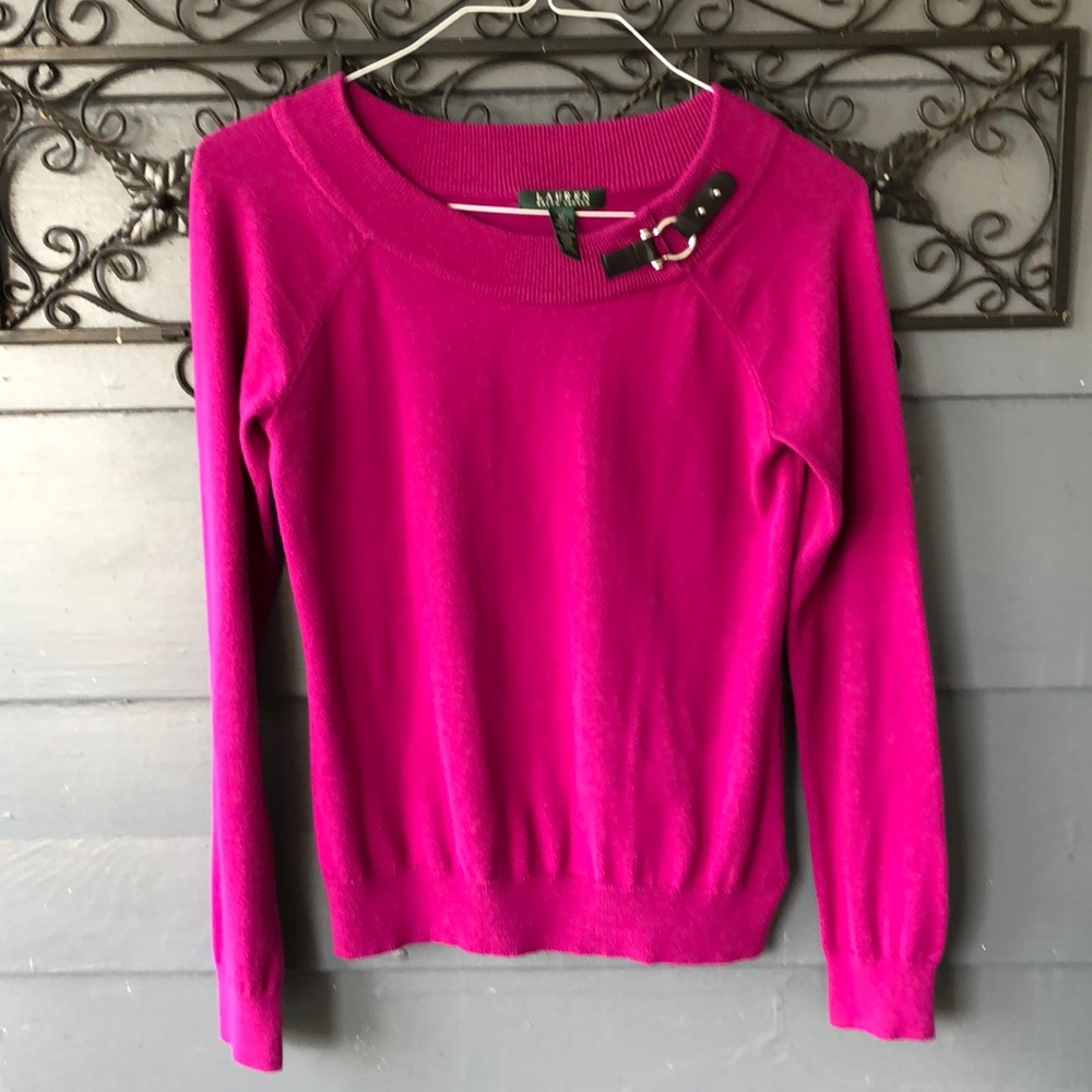 Lauren Ralph Lauren Fuchsia Scoop Neck Sweater with Buckle Detail